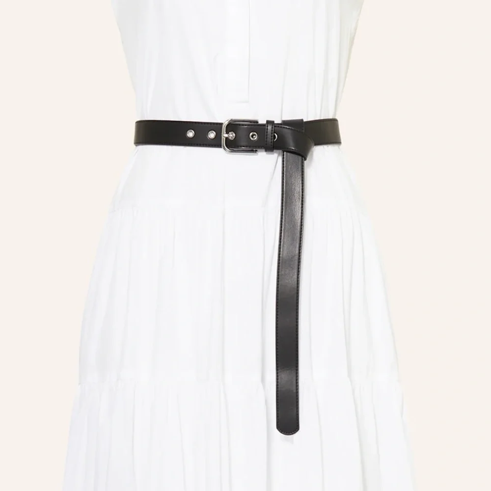 Max Mara Studio Black Vegan Leather Black Belt Gold Hardware Contrast Stitch